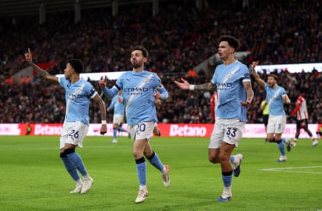 Bernardo Silva of Manchester City celebrates scoring a goal which is later disallowed.