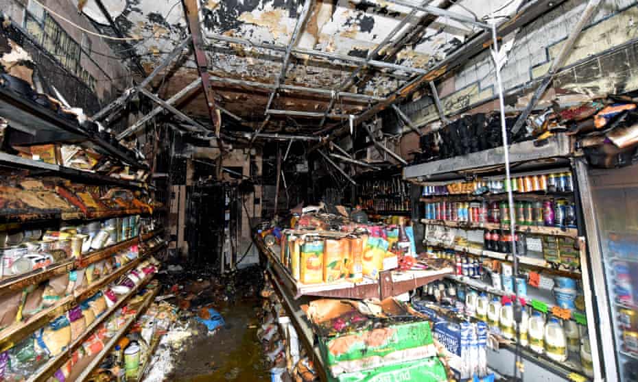 Burned interior of the Kashmir Meat and Poultry shop in Walsall, after it was firebombed on Monday night. 