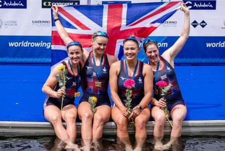 Gold medallists (left to right) Lauren Henry, Hannah Scott, Lola Anderson and Georgina Brayshaw celebrate victory in the women’s auadruple sculls final at May’s 2024 World Rowing Cup in Lucerne, Switzerland.