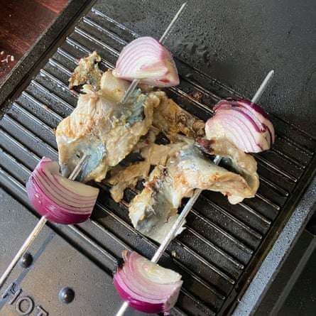 Mackerel and red onion kebabs
