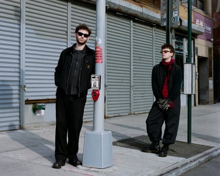 Musicians Chalk photographed in New York. Ross Cullen wearing red scarf, and Benedict Goddard