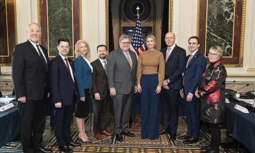 This image provided by the White House shows White House Senior adviser Ivanka Trump, with the Australian home affairs minister, Peter Dutton, next to her on the right.
