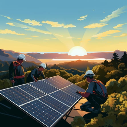 A brightly colored, photorealistic illustration of three workers in hard hats on a roof installing solar panels as the sun sets beyond them.