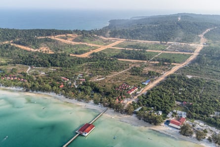 Aerial view of roads being built on the island of Koh Rong Sanloem, Preah Sihanouk province, Cambodia.