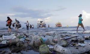 Trash pollutes the beach in Bali, Indonesia.