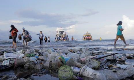 Trash pollutes the beach in Bali, Indonesia.
