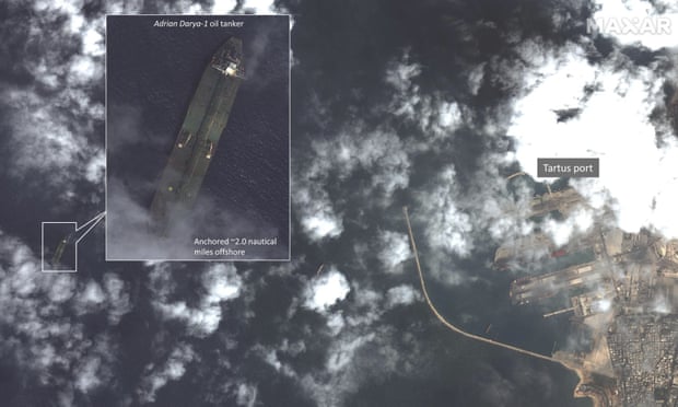 Satellite image by Maxar Technologies apparently shows Iranian tanker off Tartus, Syria. 