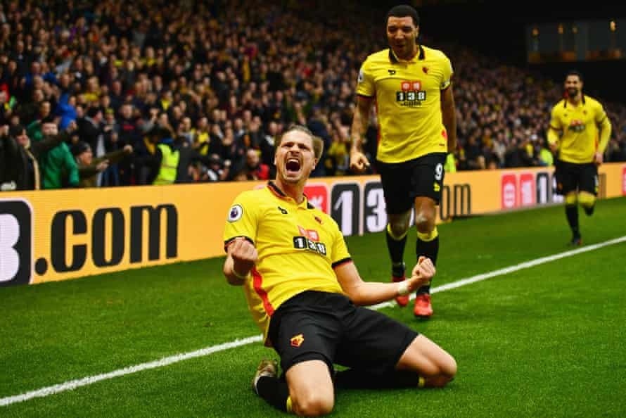 Sebastian Prödl, sliding here after scoring against Everton, says Watford’s manager, Marco Silva, ‘demands a lot of discipline, not only on the pitch but also off the pitch’.