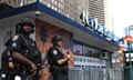 Security Remains High In NYC After Bombings<br>NEW YORK, NY - SEPTEMBER 20: New York City police officers stand guard at TImes Square on September 20, 2016 in New York City. Security remains at a heightened level following a bombing in New York City this past weekend. Police arrested 28 year-old Ahmad Khan Rahami who is believed to have been involved the in bombing that injured 29 people. (Photo by Justin Sullivan/Getty Images)