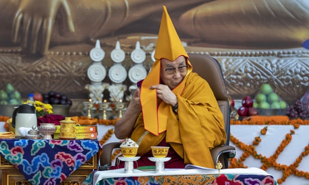 The Dalai Lama in ceremonial wear at the Kirti Monastery in Dharamshala, India.