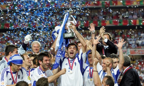 Greece players celebrate perhaps the most unlikely of European Championship victories in 2004
