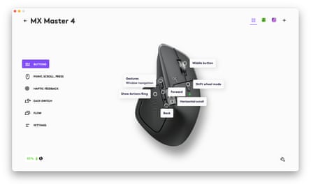 The Logi Options+ app on macOS showing button configuration options for a MX Master 4 mouse.