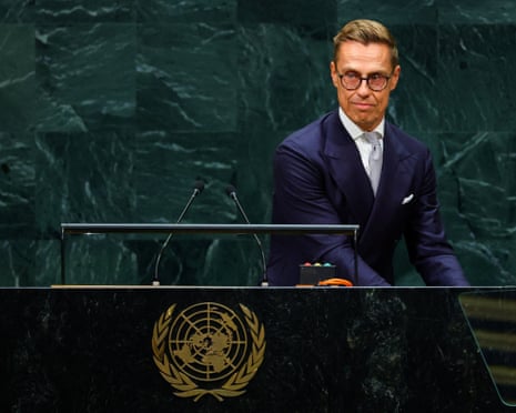 Finland’s president Alexander Stubb prepares to leave the podium after addresssing the 81st United Nations General Assembly.