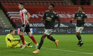 Marcus Rashford celebrates Manchester United’s third goal.