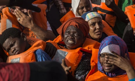 Migrants aboard a dinghy off the Libyan coast, June 2018.