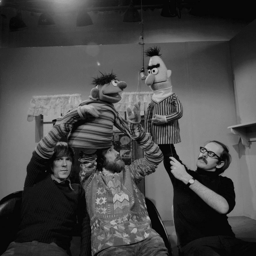 Bert and Ernie with puppeteers Daniel Segren, Henson and Oz