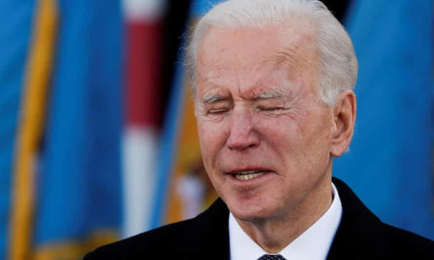 Joe Biden cries as he speaks during an event at Major Joseph R ‘Beau’ Biden III National Guard/Reserve Center in New Castle, Delaware.