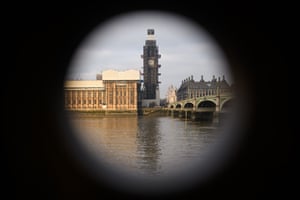 Scaffolding covers Elizabeth Tower at the Palace of Westminster.