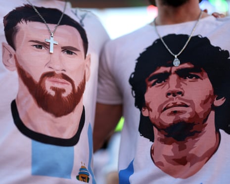Fans wear shirts featuring Diego Maradona and Lionel Messi