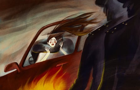 Artwork  by Tatyana Zelenskaya about the abduction and murder of Aizada Kanatbekova, showing a woman in a car with an arm around her neck while two policemen look on impassively