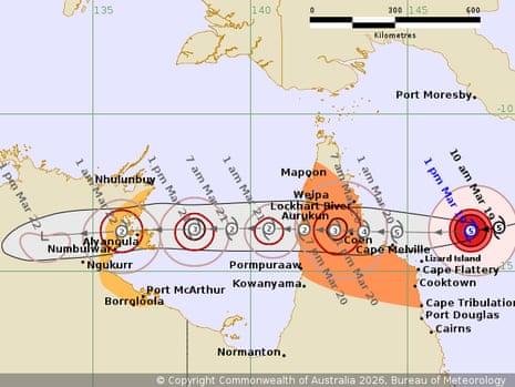 A map shows the expected route of Severe Tropical Cyclone Narelle, issued at 2pm AEST on 19 March