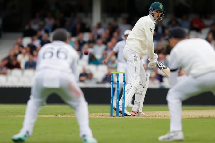 Marco Jansen of South Africa is caught by England’s Joe Root from a delivery by Ollie Robinson.