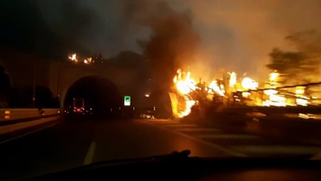 Motorist captures highway in Palermo engulfed in flames as wildfires hit southern Italy – video