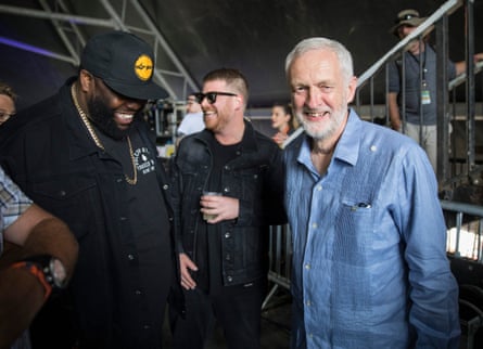 Jeremy Corbyn and Run The Jewels. Pyramid Stage. Glastonbury Festival. Photograph by David Levene 24/6/17