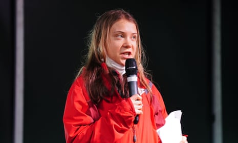 Climate activist Greta Thunberg speaking on the main stage in Glasgow.