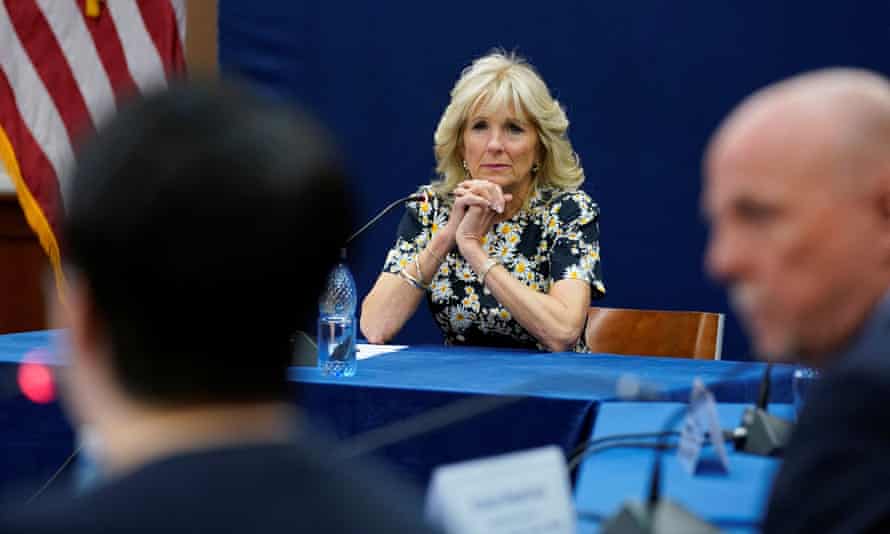 Jill Biden, the US first lady, at a briefing on humanitarian efforts for Ukrainian refugees at the US embassy in Bucharest, Romania, on Saturday.