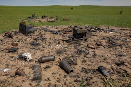The remnants of a burned ger on the steppes