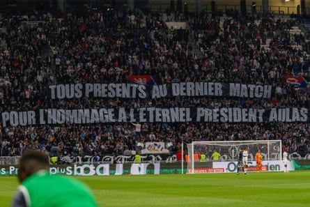 Lyon fans pay tribute to the departing Jean-Michel Aulas in May 2023
