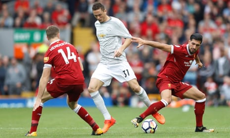 Jordan Henderson and Emre Can, right, here competing for possession with Manchester United’s Nemanja Matic, played the full game for Liverpool but should Jürgen Klopp have been bolder?