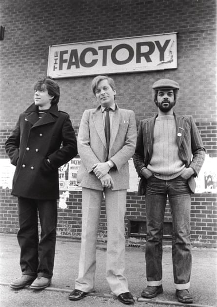 Graphic designer Peter Saville (left) with Factory co-founders Tony Wilson (centre) and Alan Erasmus, 15 June 1978.