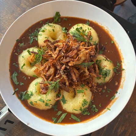 Silesian potato dumplings with soy meat, gravy and fried onions (£8) at Lokal Vegan Bistro