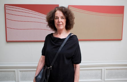 Tess Jaray at the Royal Academy summer exhibition in 2012 with her works Field, Red With 5 Lines, left, and Field, Red Bend.