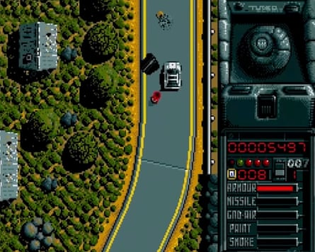 Screengrab of an overhead view of a car driving on a street next to houses and bushes and, on the right, scores for armour, missile and smoke