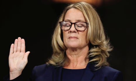 Christine Blasey Ford is sworn in before testifying to the Senate Judiciary Committee on Capitol Hill in Washington