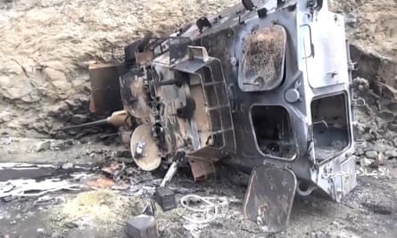 A screengrab purports to show a burned-out Saudi military vehicle
