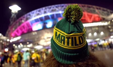 A person wearing a matildas beanie outside the stadium