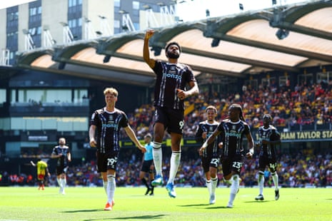 Ellis Simms celebrates after scoring Coventry City’s third and complete his hat-trick.