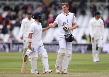 Ben Duckett (left) and Zak Crawley shake hands as they walk off after an unbeaten morning against Zimbabwe.
