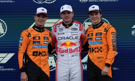 Red Bull’s Max Verstappen between Lando Norris (left) and Oscar Piastri of McLaren after they finished one, two, three in qualifying.