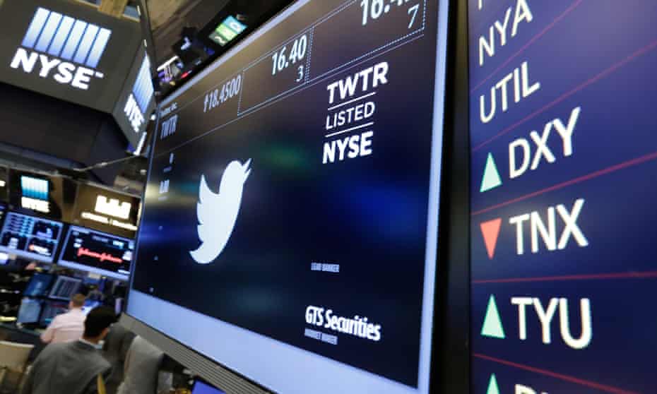 The Twitter symbol above a trading post on the floor of the New York Stock Exchange, 27 July 2016. 