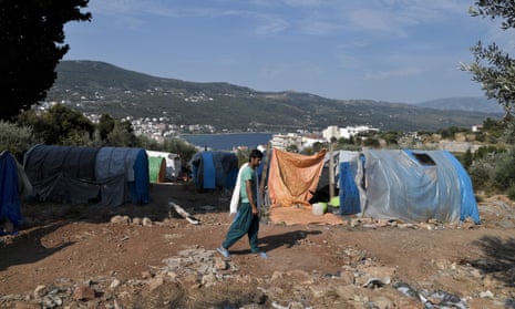 A makeshift refugee camp above the city of Vathy on the Greek island of Samos