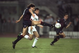 Jari Litmanen controls the ball away from Milan’s Christian Panucci.