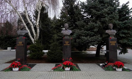 Bronze busts of Joseph Stalin (centre) and Soviet marshals Georgy Zhukov (left) and Alexander Vasilevsky (right) were unveiled in Volgograd 