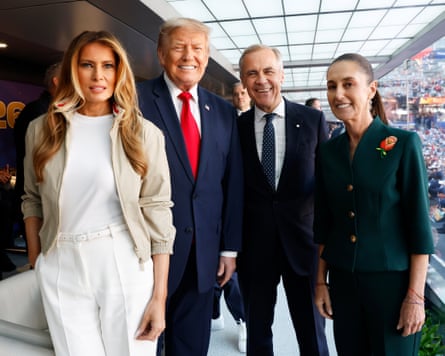 Melania and Donald Trump, Canadian prime minister, Mark Carney, and Mexican president, Claudia Sheinbaum, posing for photos at a stadium