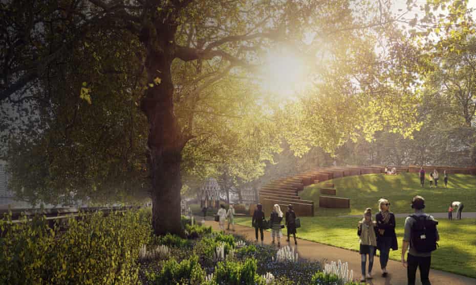 An artist’s impression showing the park view of the proposed Holocaust Memorial and Learning Centre in London’s Victoria Tower Gardens next to parliament.
