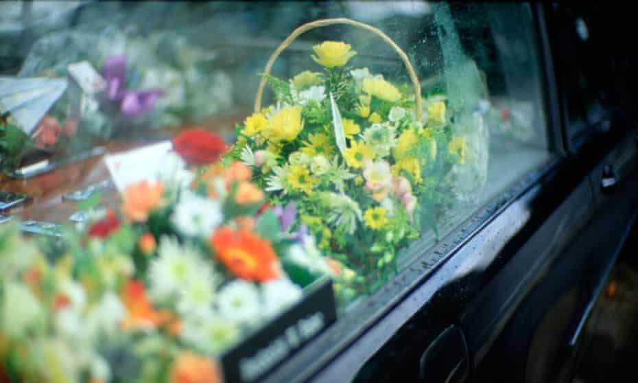 flowers inside a hearse window